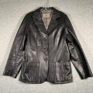 The Territory Ahead Blazer Womens 10 Black Genuine Leather Button Jacket Lined